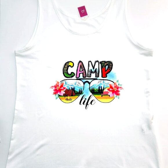 Embrace the outdoors with this custom 'Camp Life' tank top in white, featuring a - Picture 1 of 4
